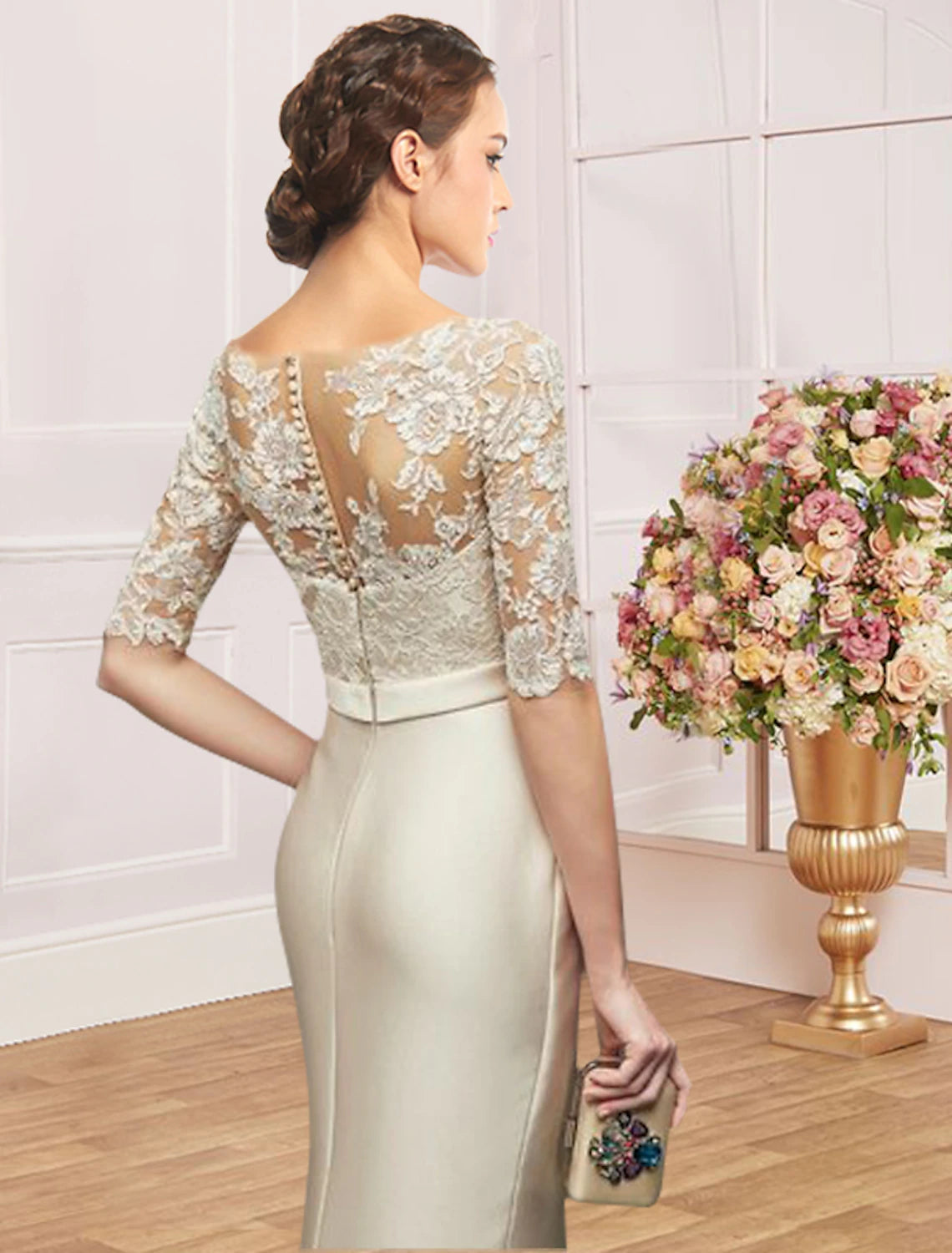 Wholesale  Sheath / Column Mother of the Bride Dress Wedding Guest Party Elegant Jewel Neck Floor Length Satin Lace Half Sleeve with Bow(s) Ruching
